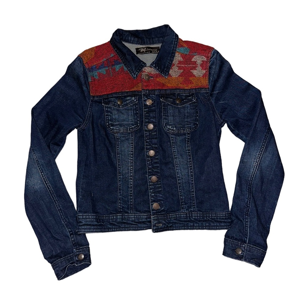 Zara trf dark denim jacket southwest embroidered  blanket pattern cropped medium